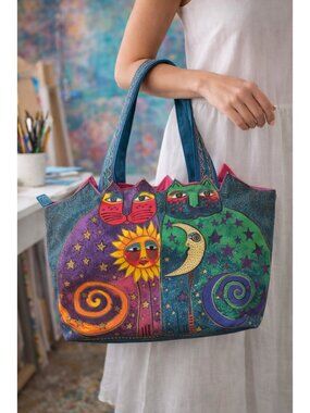 Laurel Burch Cat Tote Bag Celestial Sun Moon Stars Colorful Art Purse